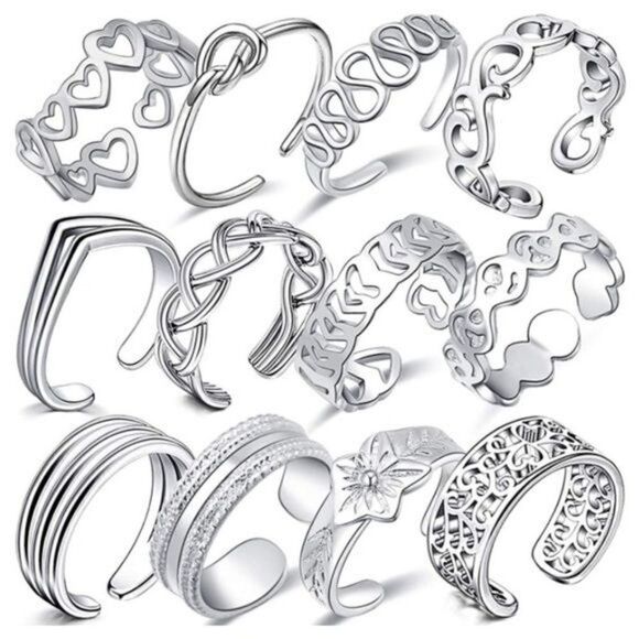 Silver Adjustable Boho Open Toe Rings - Set of 12 - Picture 1 of 4